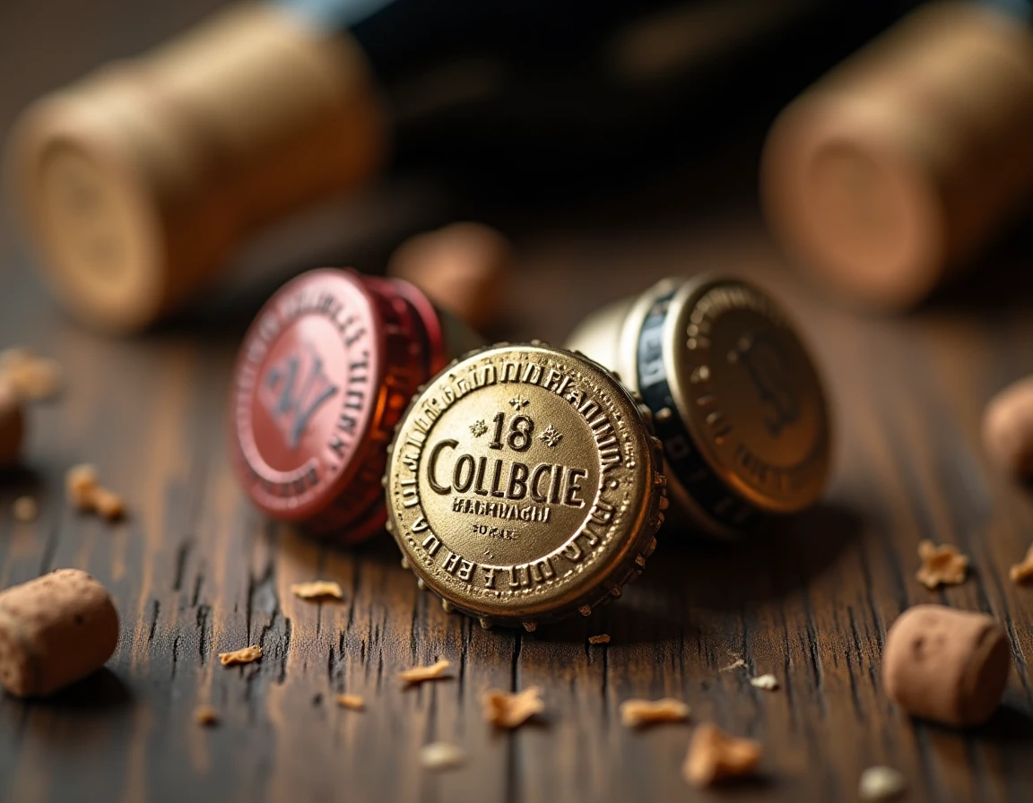 Trois capsules de bouteilles de champagne vintage posées sur une table en chêne vieilli, montrant leurs reliefs gravés et leur patine dorée caractéristiques de collection