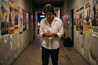 Chanteur des années 70 seul en coulisses, visage baissé, exprimant l'épuisement émotionnel lié à la pression médiatique