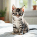 Jeune chaton gris et blanc sur lit ensoleille