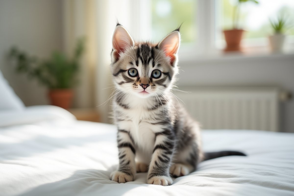 Jeune chaton gris et blanc sur lit ensoleille