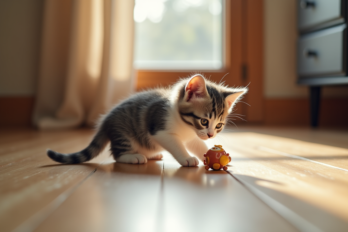 Chaton gris jouant avec un jouet sur le sol