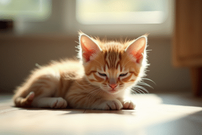Jeune chaton reposant paisiblement dans un salon lumineux