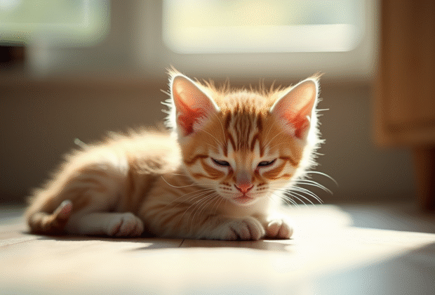 Jeune chaton reposant paisiblement dans un salon lumineux