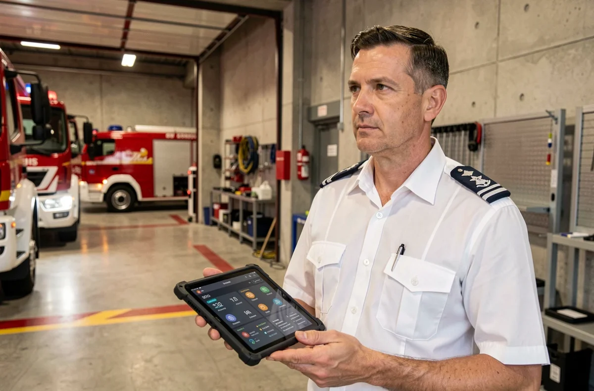 Chef de centre de pompiers évalue le déploiement du logiciel IRIS avec une tablette dans un garage de caserne
