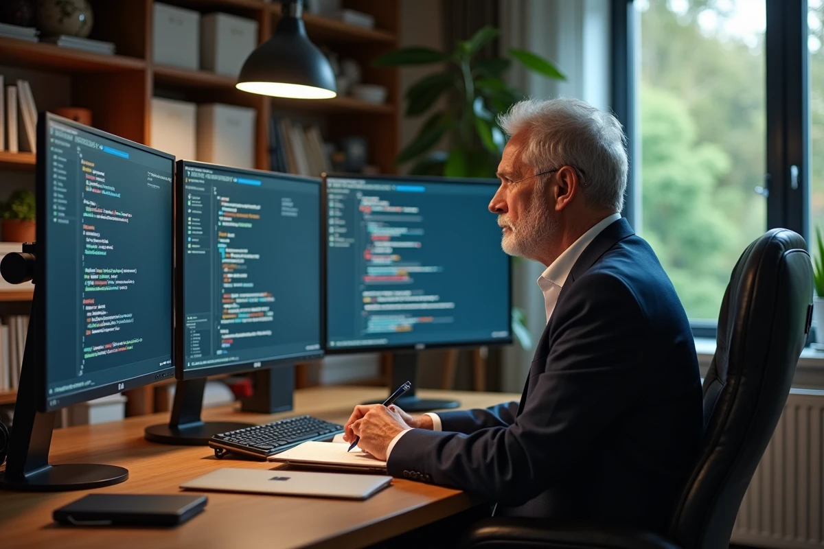 Chercheur en intelligence artificielle analysant des données dans son bureau