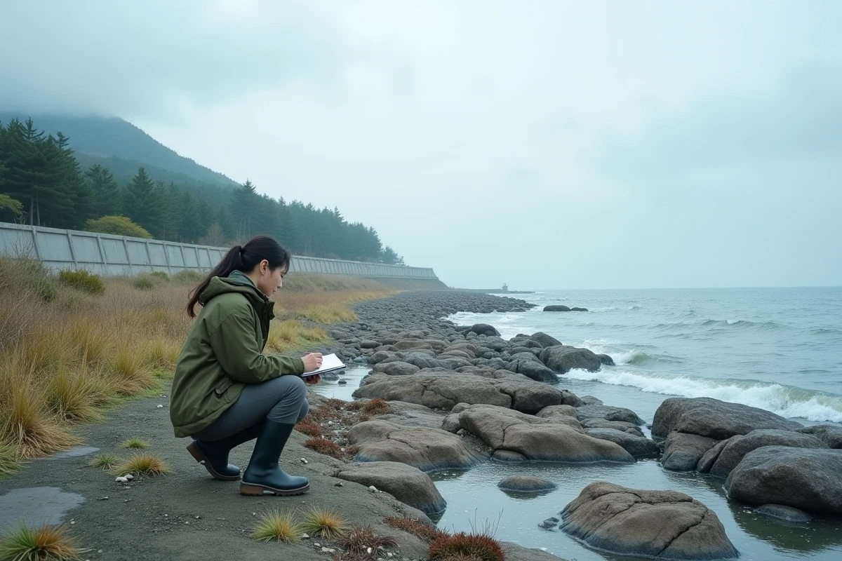 Chercheuse en environnement observant les bassins côtiers au pied d'une digue reconstruite sur le littoral du Tohoku