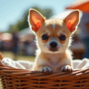 Chiot chihuahua dans un panier en osier en plein air