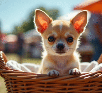 Chiot chihuahua dans un panier en osier en plein air