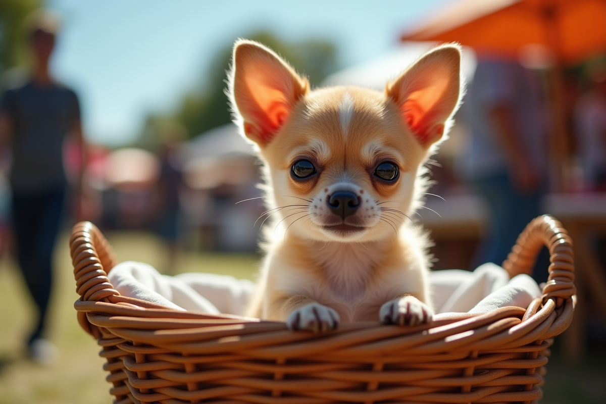 Chiot chihuahua dans un panier en osier en plein air