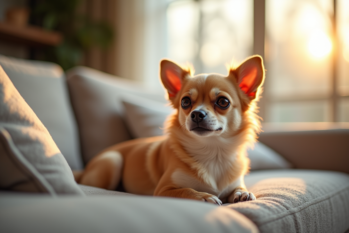 Chihuahua allongé sur un canapé dans un salon lumineux