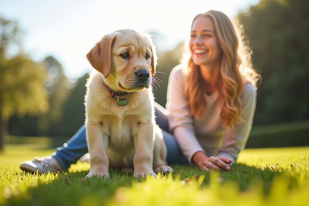 Jeune femme et chiot labrador sur la pelouse ensoleillee