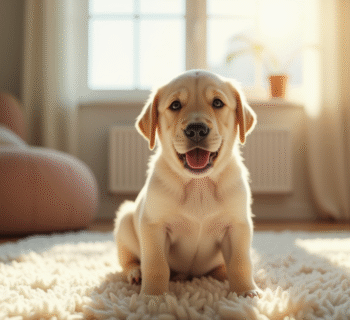 Chiot labrador dans un salon lumineux et cosy