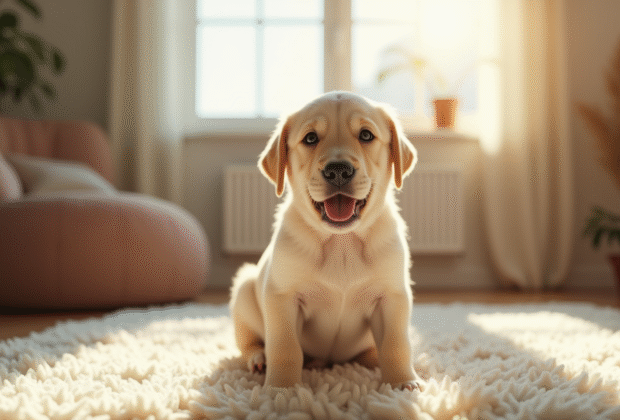 Chiot labrador dans un salon lumineux et cosy