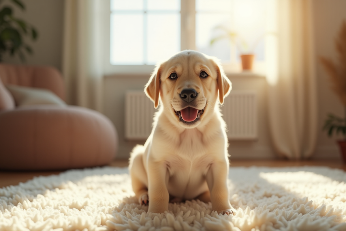 Chiot labrador dans un salon lumineux et cosy