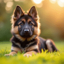 Chiot berger allemand assis dans un jardin ensoleille