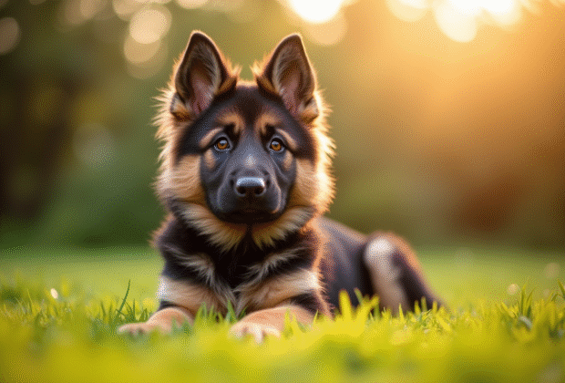 Chiot berger allemand assis dans un jardin ensoleille