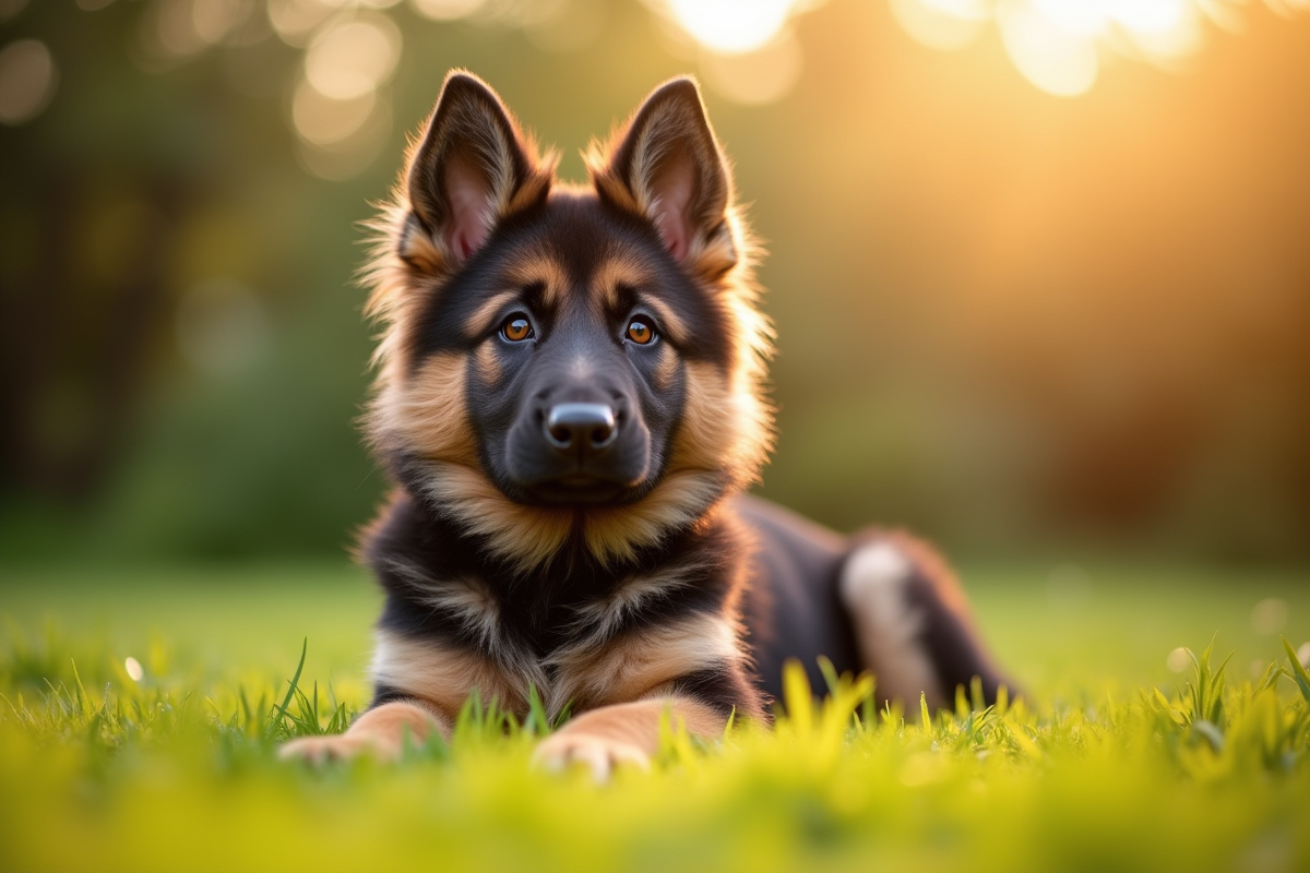 Chiot berger allemand assis dans un jardin ensoleille