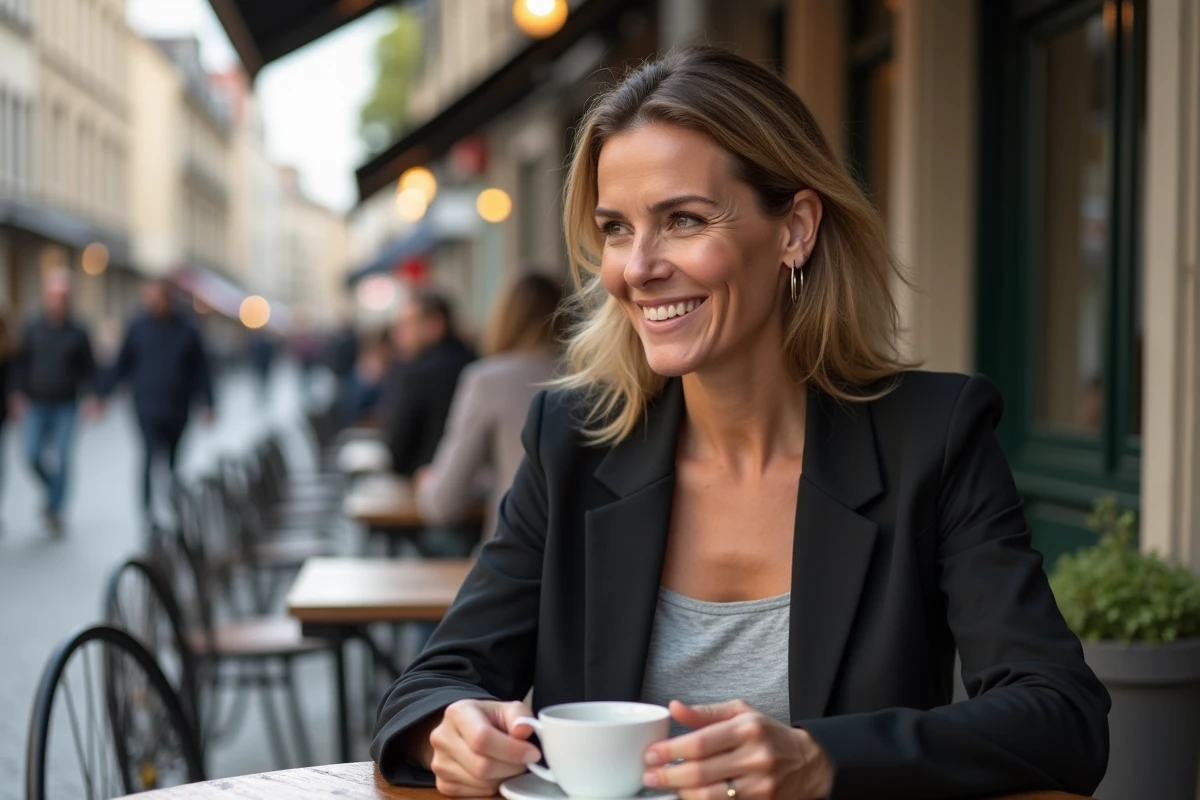 Femme souriante et confiante attablée en terrasse de café dans une rue du centre-ville de Lille