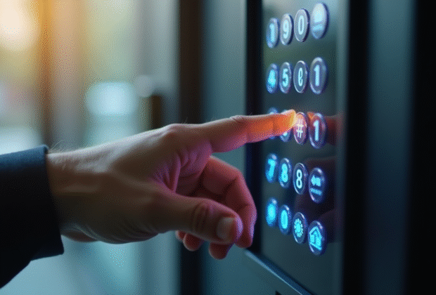 Main entrant un code de securite sur un clavier digital