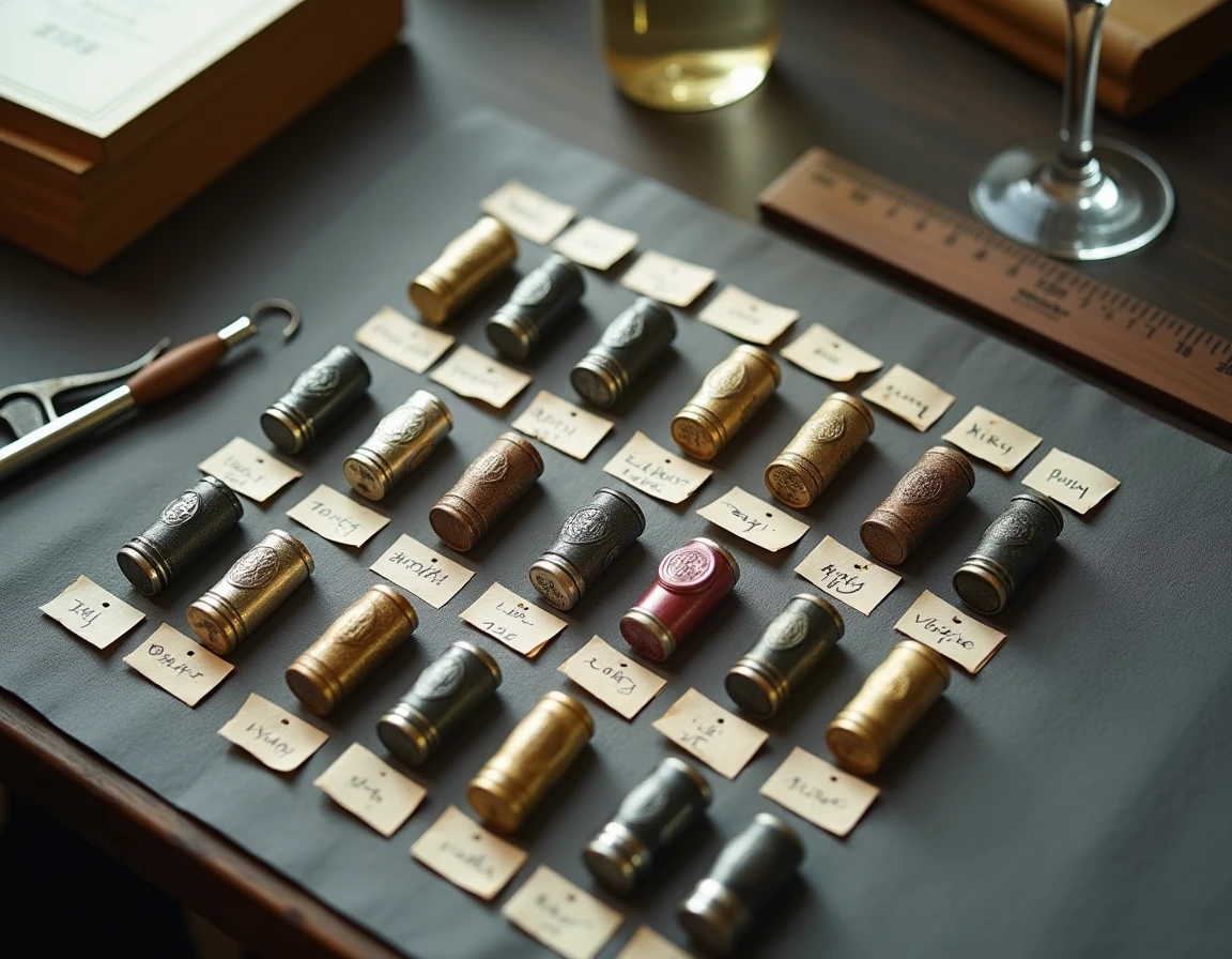 Vue aérienne d'une collection de capsules de champagne classées sur tissu de lin gris avec outils de mesure et fiches manuscrites pour évaluer leur cote