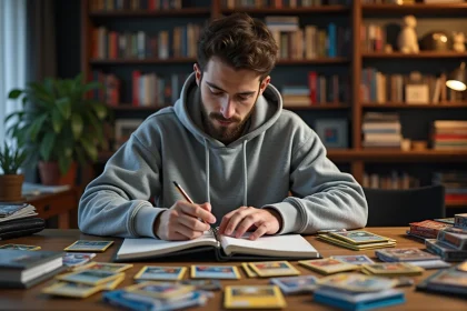 Jeune collectionneur organisant ses cartes Pokémon dans un classeur pour se préparer aux sorties 2026