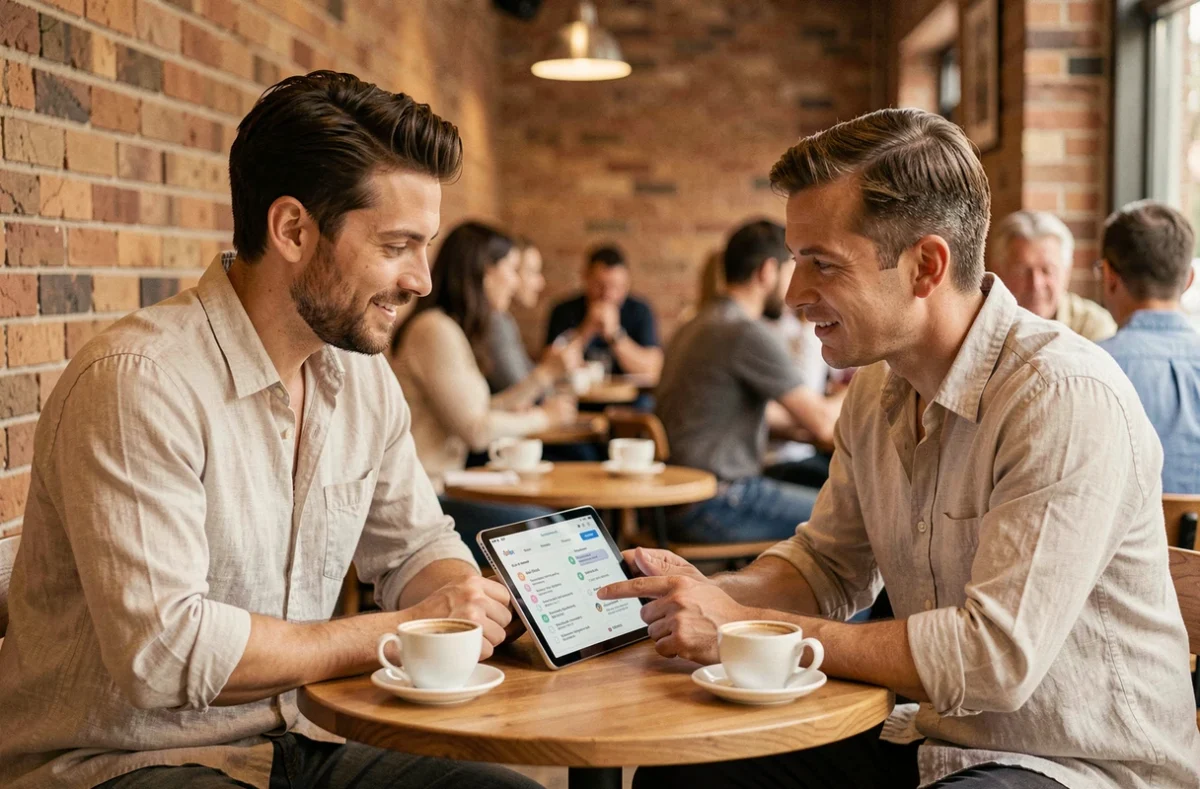 Deux collègues consultant des astuces de gestion du quotidien sur une tablette dans un café urbain