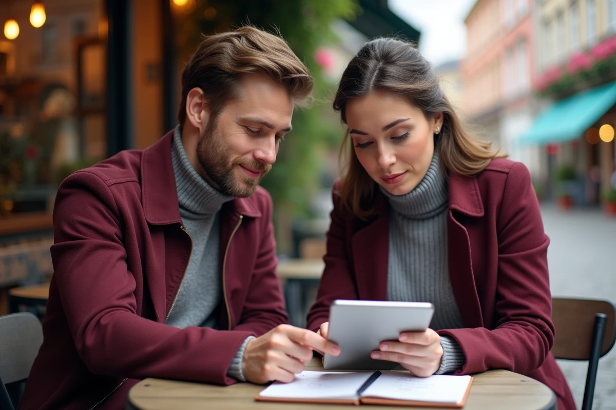 Deux collègues discutant de la rédaction correcte d'une publication sur les réseaux sociaux autour d'une tablette dans un café parisien