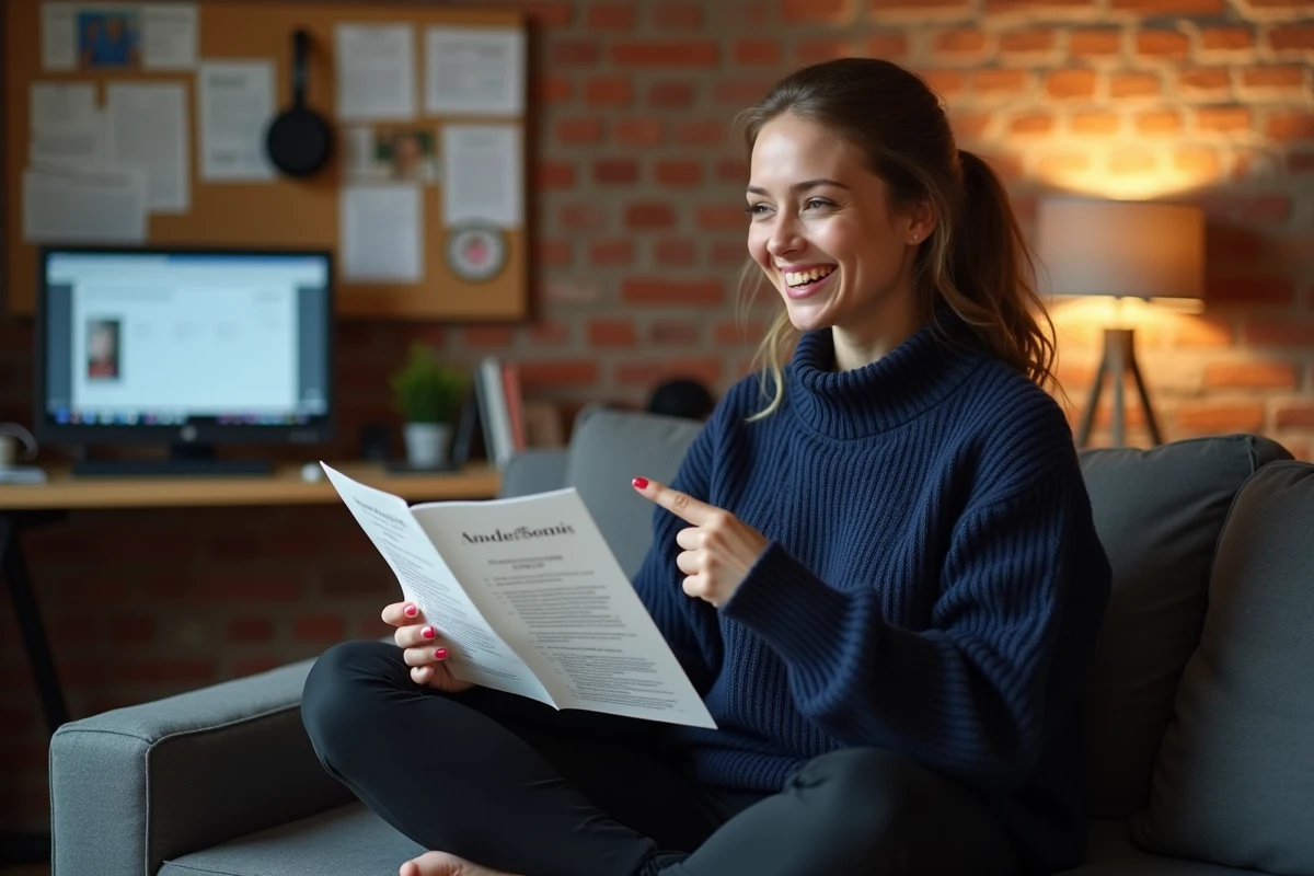 Comédienne de doublage française consultant un script de film dans un bureau de production cinématographique