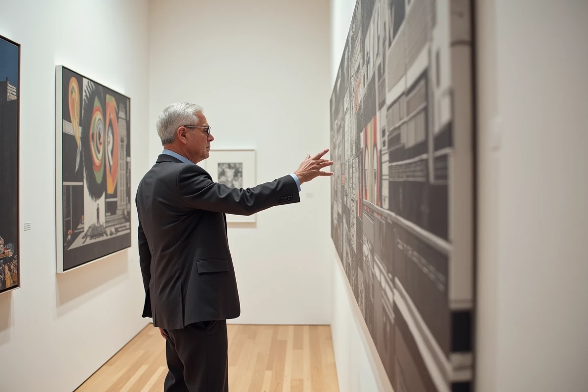 Commissaire d'exposition présentant une murale futuriste contemporaine dans une galerie d'art moderne
