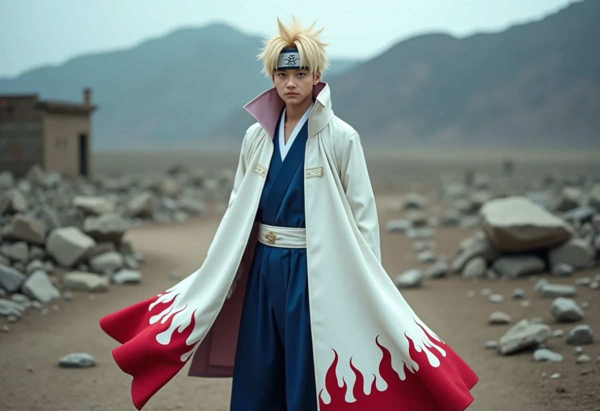 Jeune homme en cosplay de Minato Namikaze en extérieur sur un champ de bataille