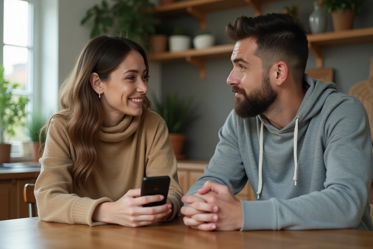 Couple ayant une conversation ouverte et calme autour d'un smartphone à une table en bois, illustrant la communication et la gestion des limites dans une relation