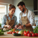 Couple souriant cuisinant dans une cuisine moderne