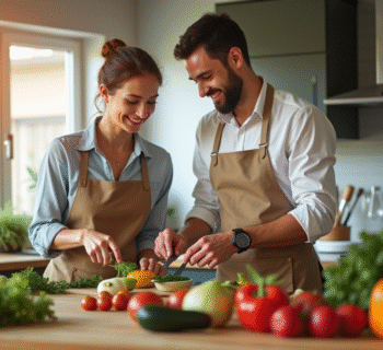 Couple souriant cuisinant dans une cuisine moderne