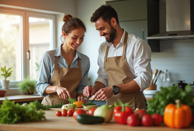 Couple souriant cuisinant dans une cuisine moderne
