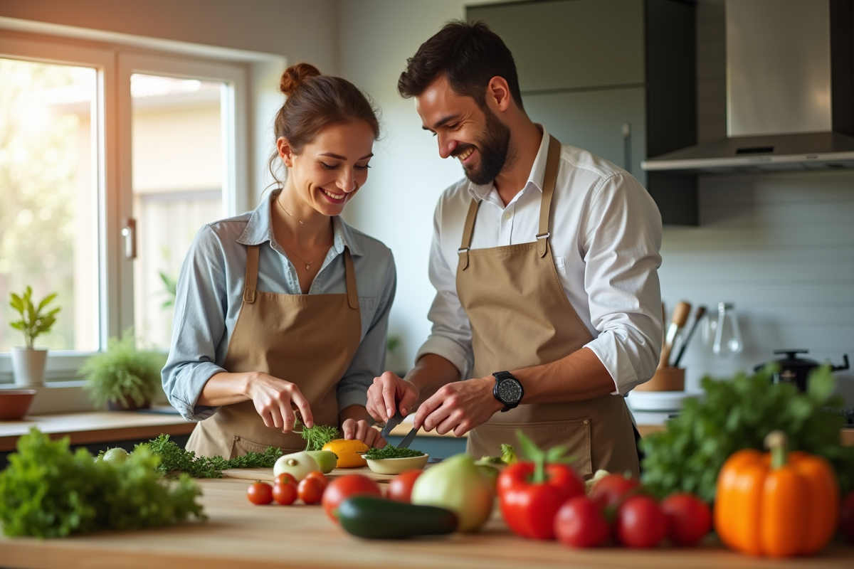 Couple souriant cuisinant dans une cuisine moderne