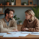 Couple d'adultes discutant autour de papiers dans un appartement