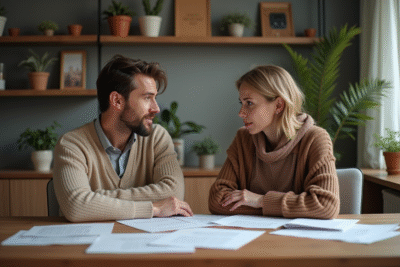 Couple d'adultes discutant autour de papiers dans un appartement