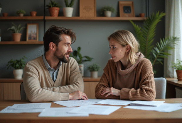 Couple d'adultes discutant autour de papiers dans un appartement