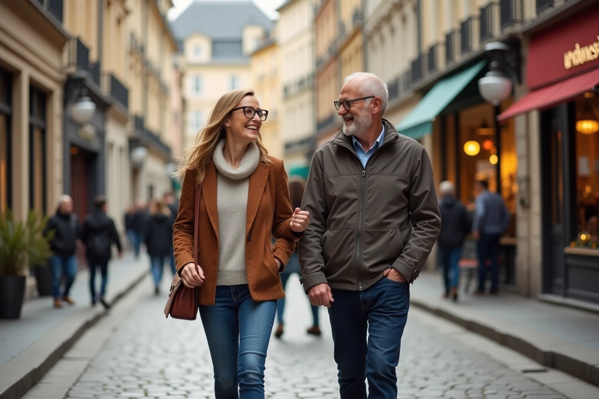 Couple se promenant en riant sur les pavés d'un quartier animé de Lille, atmosphère authentique et positive
