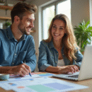 Jeune couple souriant organisant des documents financiers dans une cuisine lumineuse