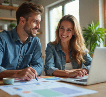Jeune couple souriant organisant des documents financiers dans une cuisine lumineuse