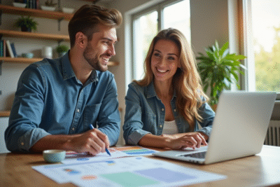 Jeune couple souriant organisant des documents financiers dans une cuisine lumineuse