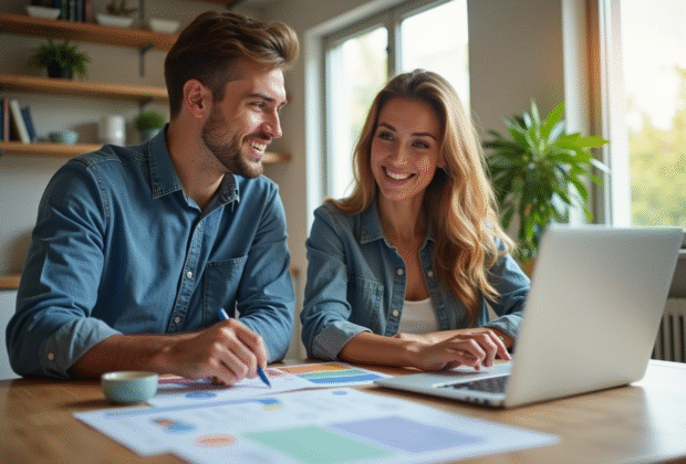 Jeune couple souriant organisant des documents financiers dans une cuisine lumineuse