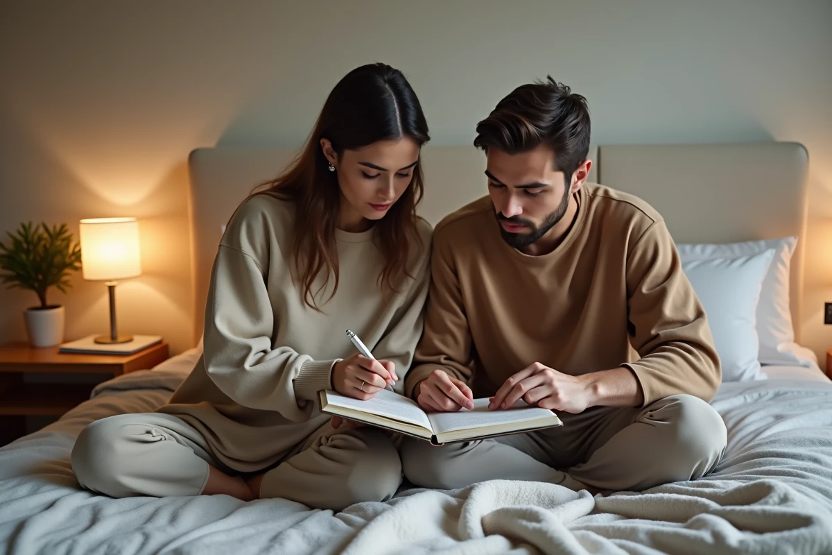 Couple assis ensemble sur un lit consultant un carnet pour établir des règles et des limites dans leur relation, symbole de communication et de confiance mutuelle