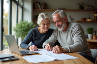 Couple souriant signant des documents de prêt immobilier à la maison