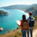 Couple en randonnée sur la côte avec carte et vue mer
