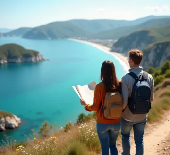 Couple en randonnée sur la côte avec carte et vue mer