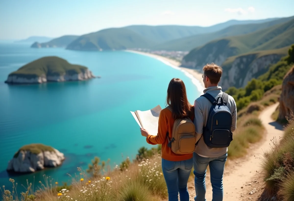 Couple en randonnée sur la côte avec carte et vue mer