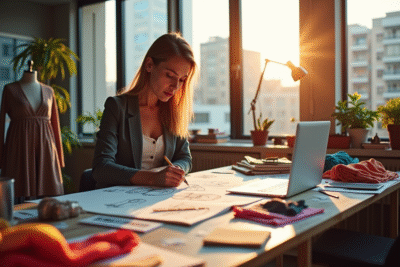 Créateur de mode esquissant des designs dans un studio lumineux