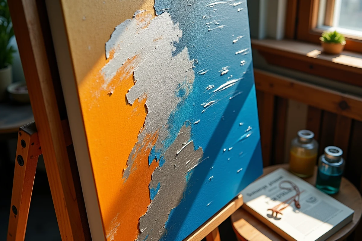 Gros plan sur une peinture futuriste contemporaine aux coups de pinceau épais et colorés sur chevalet